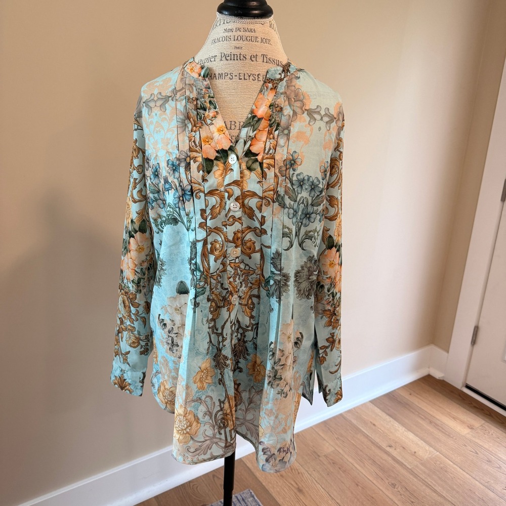Soft Surroundings Women's Blue Floral Sheer Blouse Size L